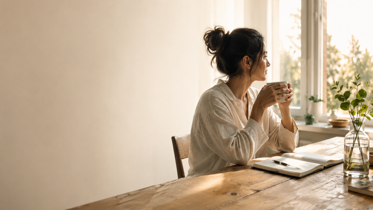 Woman enjoying a quiet morning drink beside a sunlit window with an open notebook and greenery, reflecting a calm and gentle daily wellness routine.