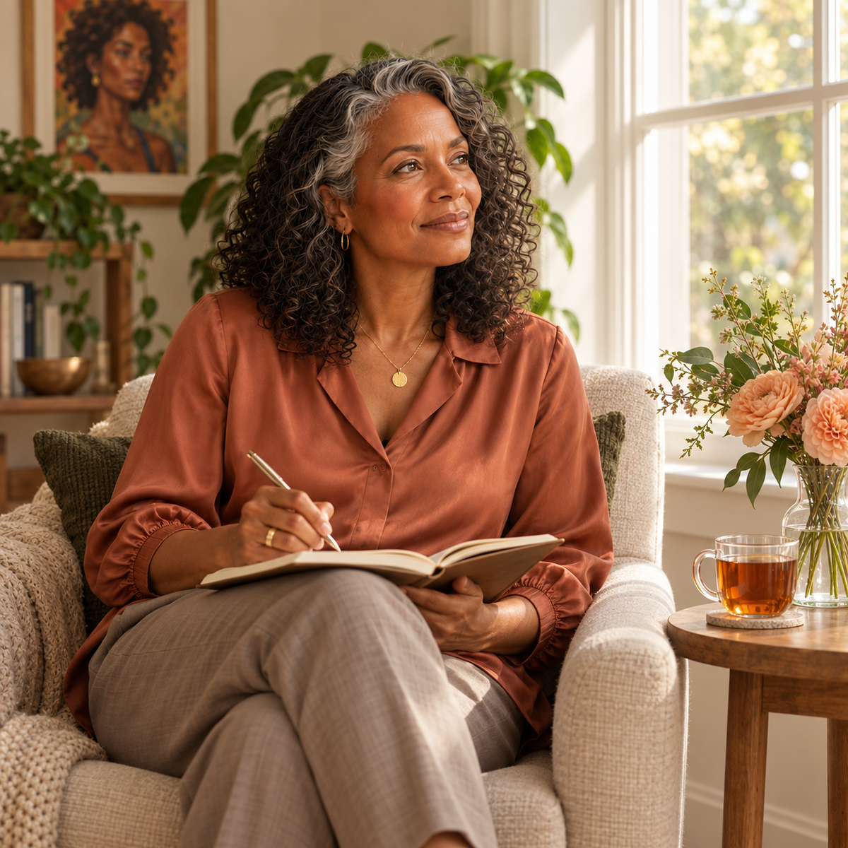 Woman in a terracotta silk blouse holding a notebook beside a sunlit window, with glass tea and peach flowers.