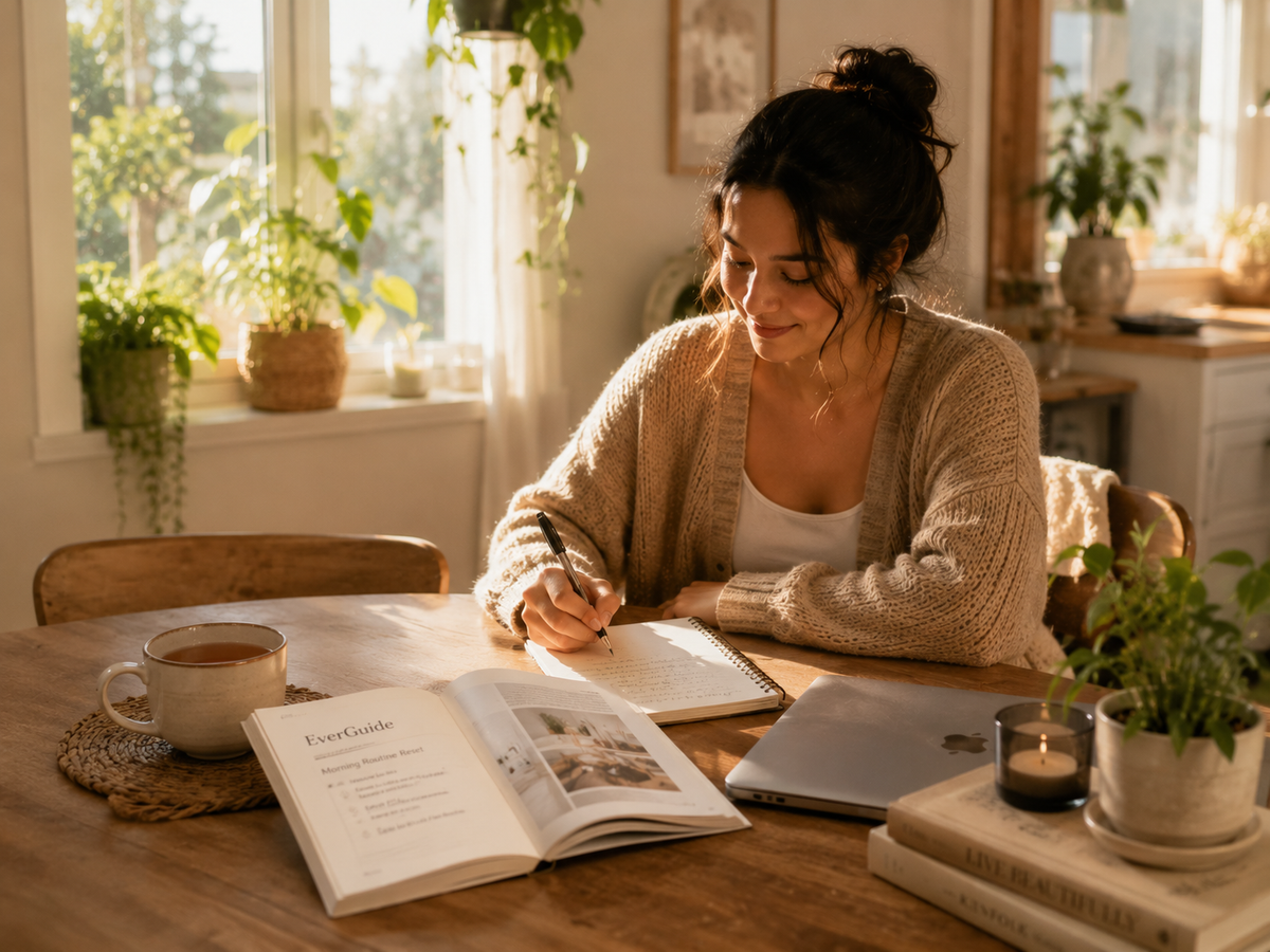 A woman sits at a wooden table in a warm, sunlit room, writing in a notebook. An open book titled 'Foreword' lies in front of her, with a laptop, mug, candle, and potted plants around her.