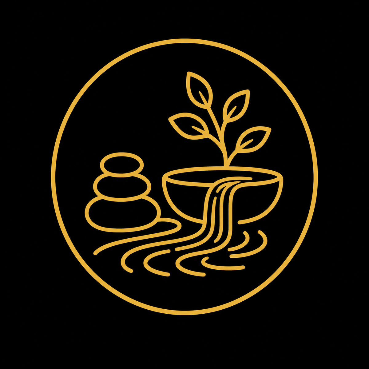 A minimalist gold line-art icon depicting a spa theme, featuring stacked zen stones, a bowl with a sprouting plant, and flowing water, all enclosed in a circular border on a solid black background.