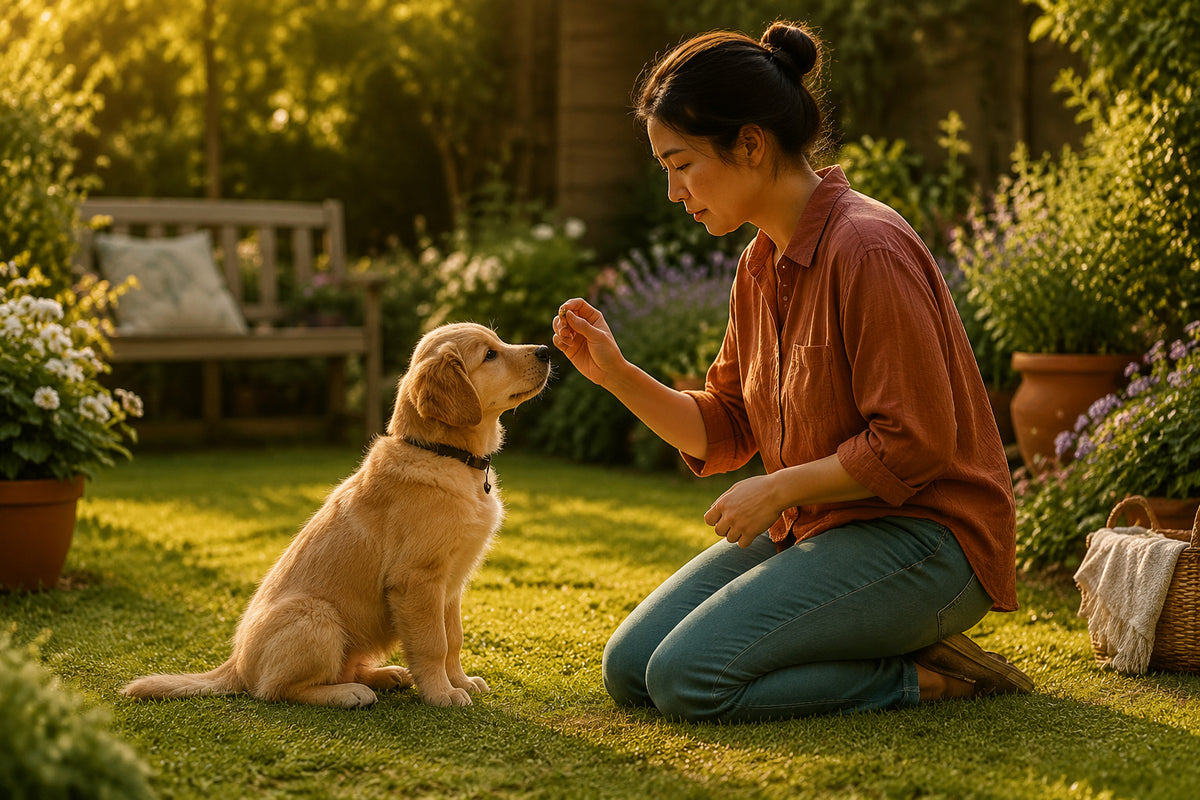 Woman calmly practising reward-based training with a golden puppy in a warm garden.