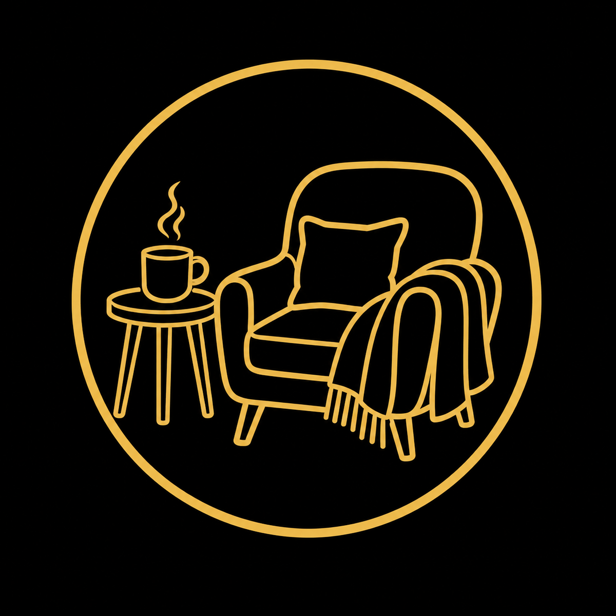 A minimalist gold line-art icon depicting a cozy armchair with a pillow and throw blanket next to a small side table with a steaming mug, all enclosed in a circular border on a solid black background.