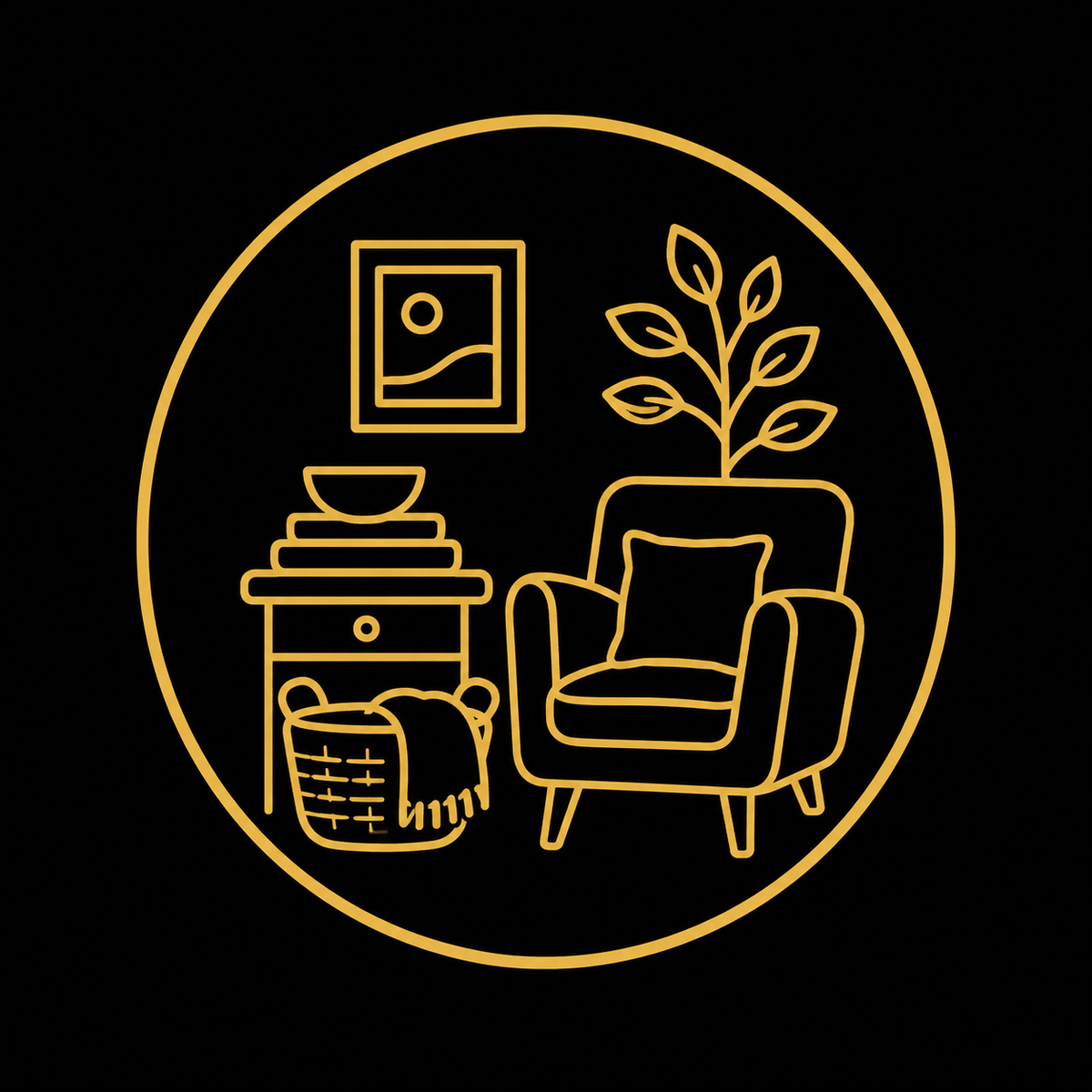 A minimalist gold line-art icon depicting a cozy living room scene inside a circular border on a solid black background. The illustration includes a side table with stacked bowls and a basket, a framed wall art piece, a leafy plant, and an armchair with a pillow.