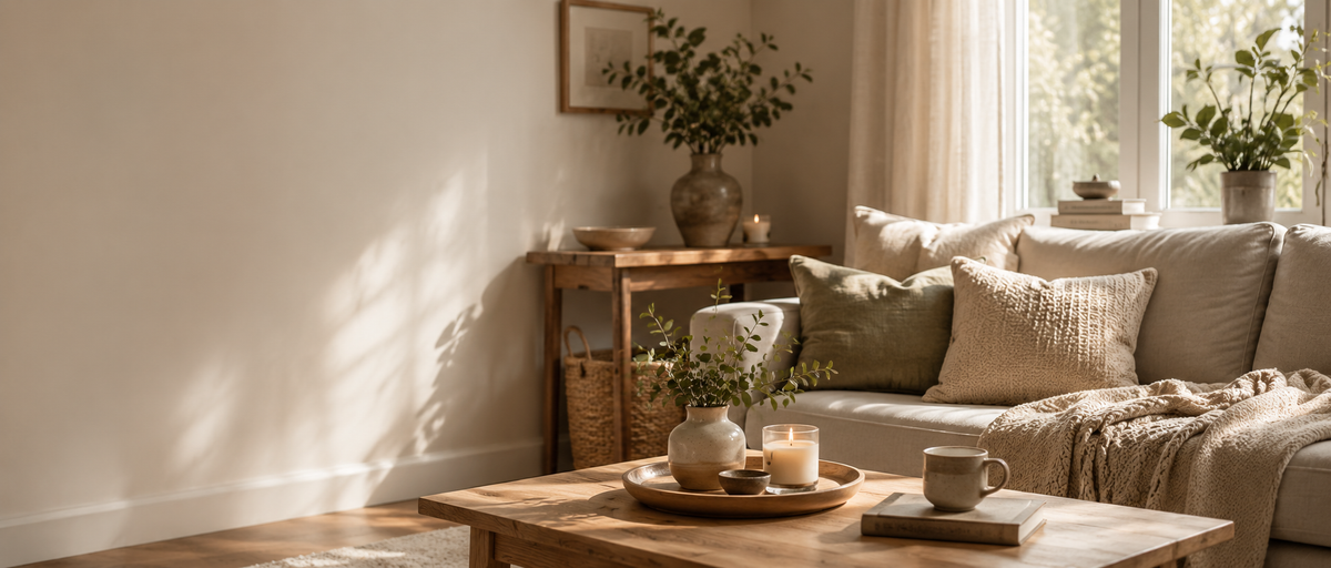 A cozy living room scene with a beige sofa, textured throw blanket, and wooden coffee table in a sunlit room with warm natural light.