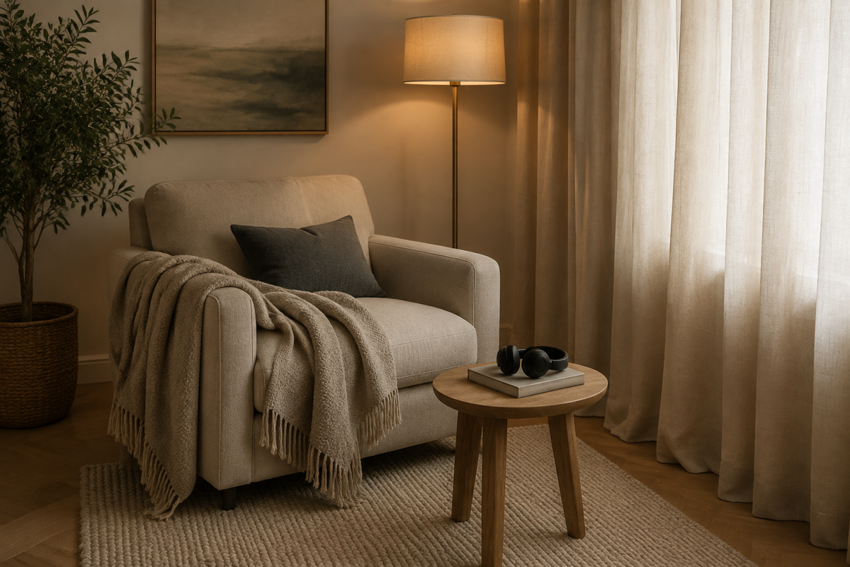A cozy living room scene featuring a light beige armchair with a dark gray pillow and a beige fringed throw blanket, next to a small round wooden side table. A floor lamp, sheer curtains, and a potted plant are visible in the background.