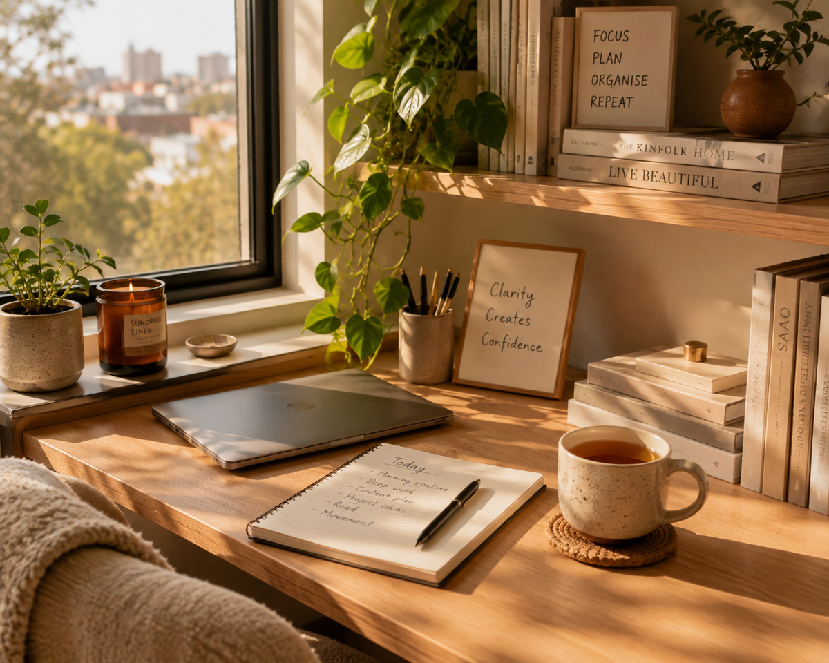 A cozy, sunlit home office corner with a wooden desk, laptop, notebook, and coffee mug next to a window with a view of trees and buildings. Bookshelves in the background hold books, a potted plant, and framed motivational quotes.
