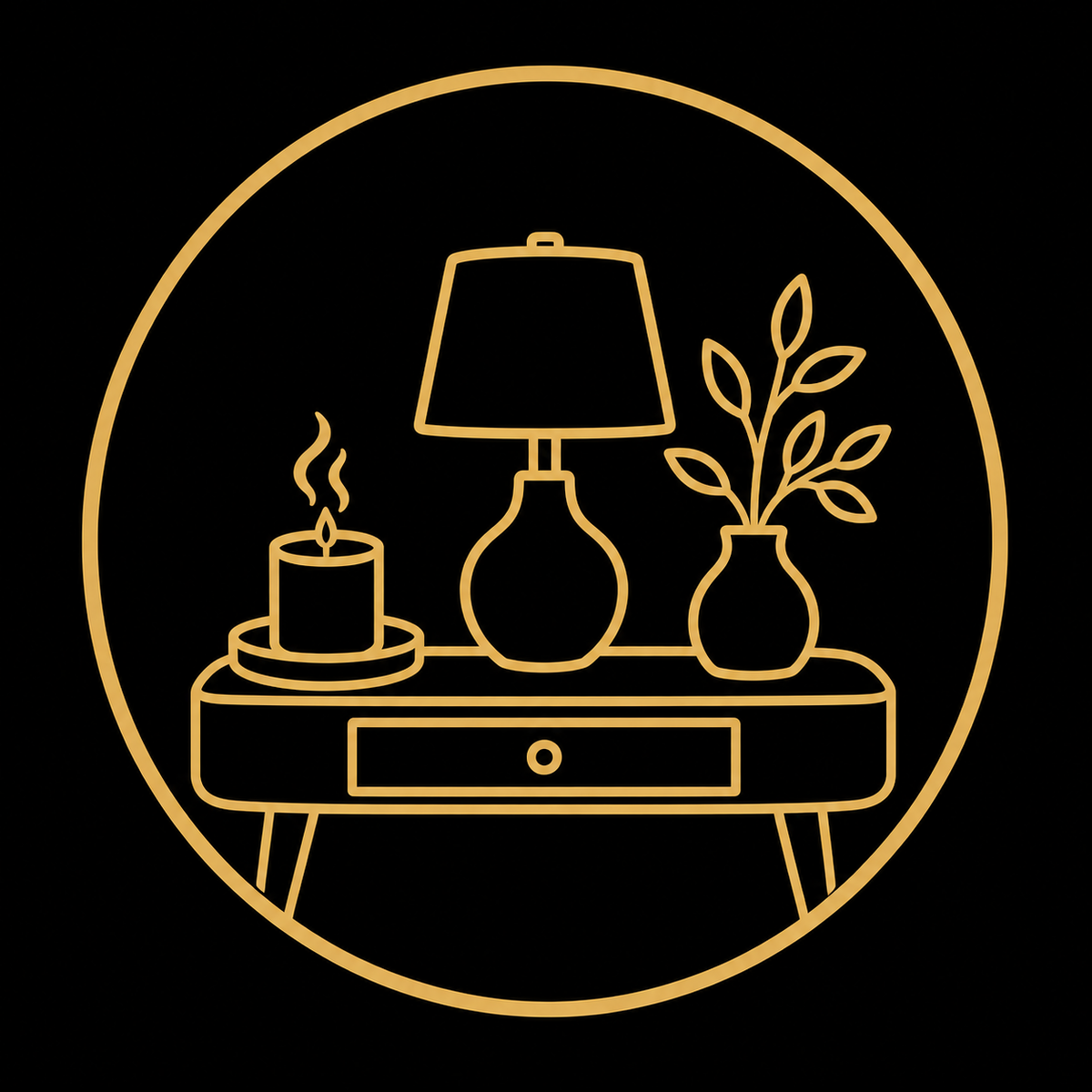 A minimalist gold line-art icon depicting a cozy tabletop scene with a lit candle, table lamp, and potted plant inside a circular frame on a solid black background.