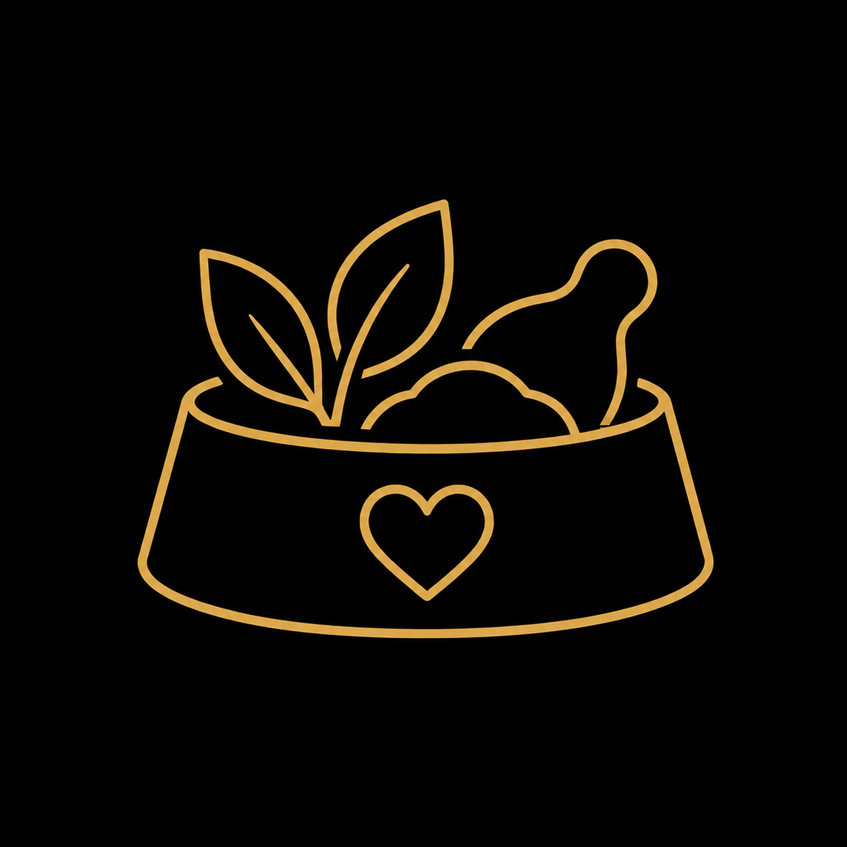 A minimalist gold line-art icon of a pet bowl filled with food and a bone, with two leaves above, centered on a solid black background.