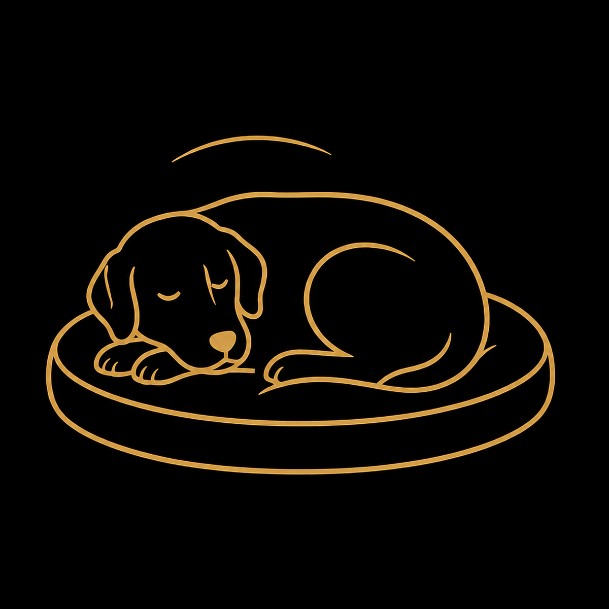 A minimalist gold line-art illustration of a sleeping dog curled up on a round pet bed against a solid black background.