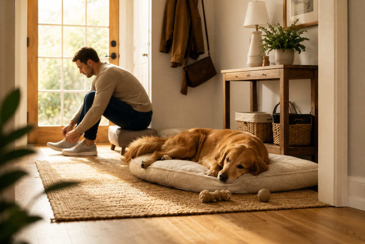 A dog resting peacefully on a cosy bed as its owner quietly leaves the house, representing calm, confident time spent home alone.