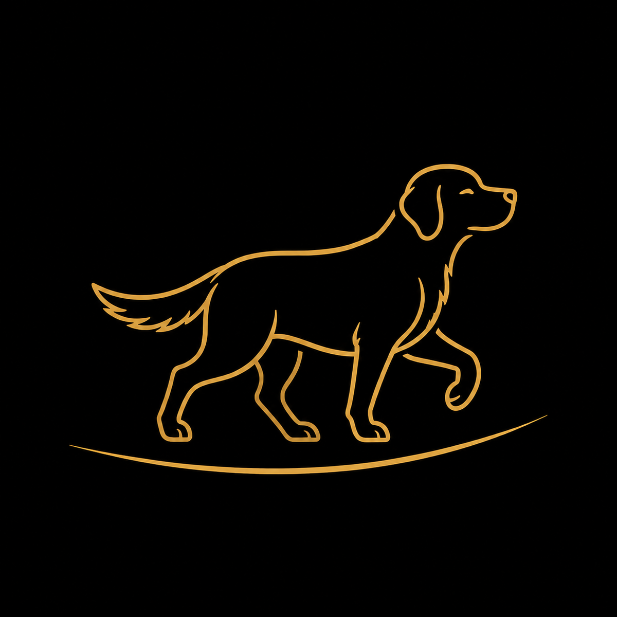 A minimalist gold line art illustration of a dog walking, centered on a solid black background.