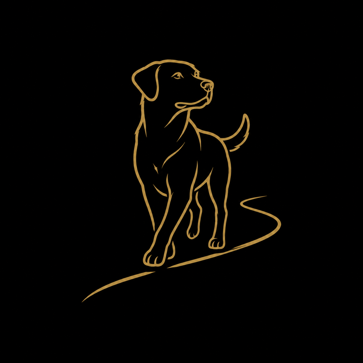 A minimalist gold line art illustration of a dog walking along the curved path, centered on a solid black background.
