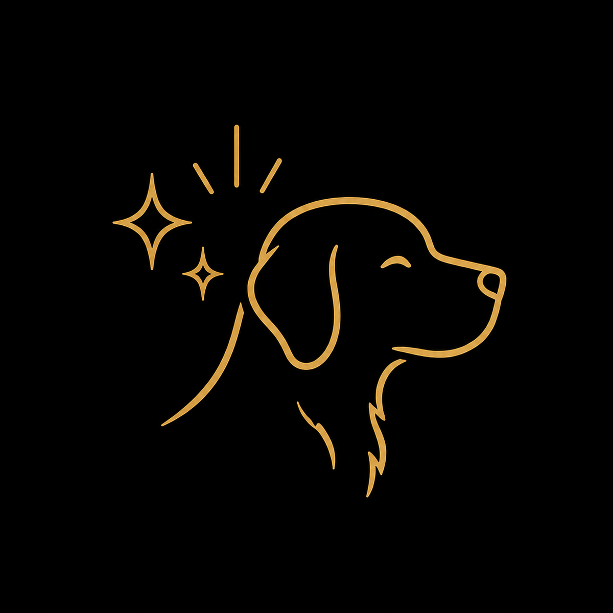 A minimalist gold line art icon of a dog's head with sparkles, centered on a solid black background.