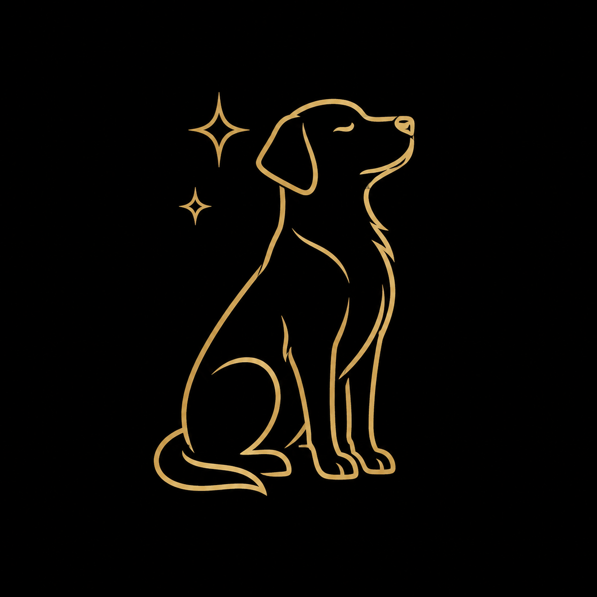A minimalist gold line art illustration of a sitting dog with two small sparkles, centered on a solid black background.