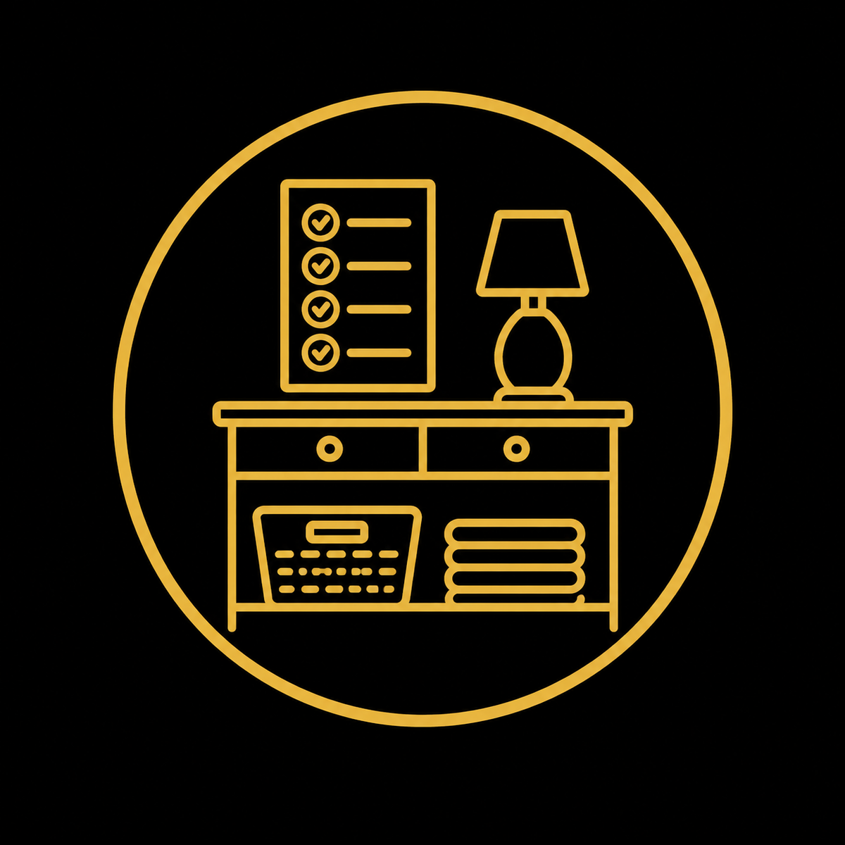 A minimalist gold line icon depicting a dresser with a lamp, basket, folded towels, and a checklist, enclosed in a circular border on a solid black background.