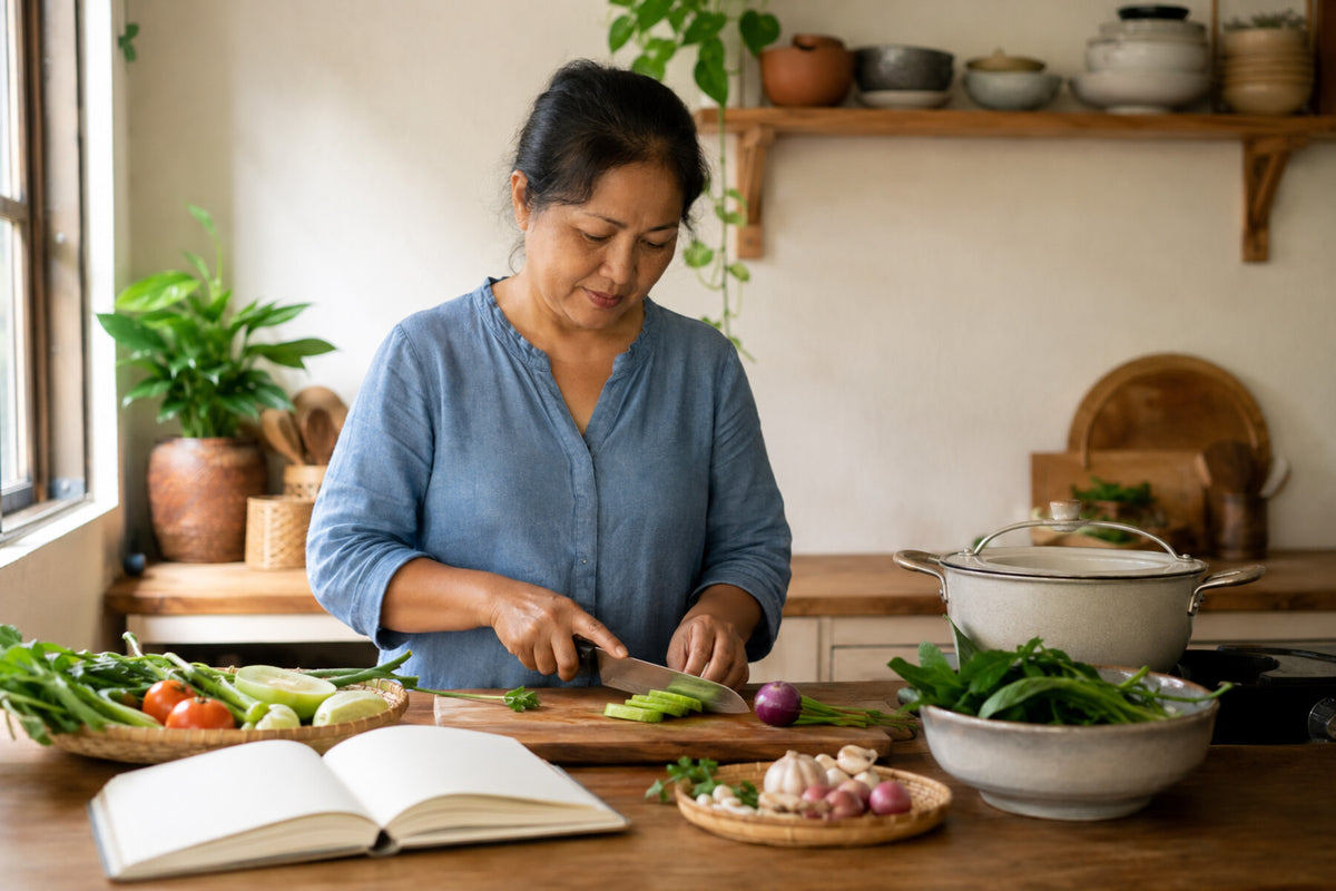 A woman in a blue blouse is chopping vegetables on a wooden cutting board in a bright, warm kitchen. An open cookbook lies on the counter, surrounded by fresh greens, garlic, and cooking pots.