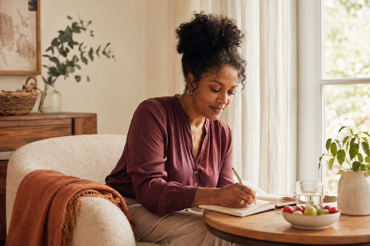 A woman with curly hair sits on a cream armchair in a bright living room, writing in a notebook at a round wooden table. She is wearing a maroon long-sleeve blouse and beige pants, with a rust-colored throw blanket draped over the chair.