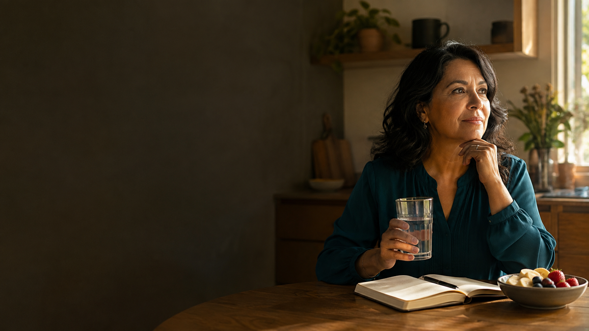 A woman with dark hair sits at a wooden table in a dimly lit room, holding a clear glass of water. An open book and a bowl of fruit are on the table in front of her.