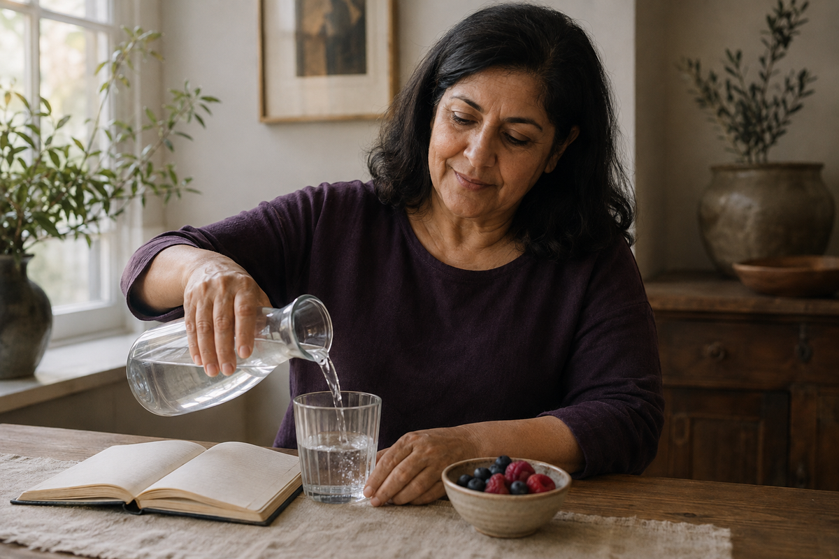 A woman in a dark purple long-sleeve shirt pours water from a glass carafe into a clear drinking glass on a wooden table. An open book, a small bowl of mixed berries, and a window with potted plants are visible in a warm, domestic interior setting.
