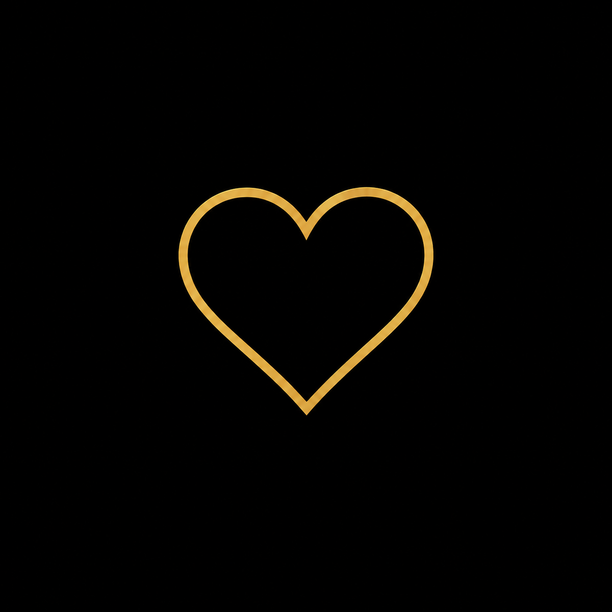 A minimalist gold heart outline icon centered on a solid black background.