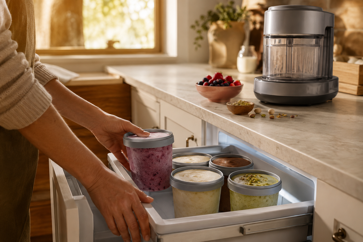 Prepared high-protein frozen dessert bases being organised in a freezer beside an unbranded blending appliance.