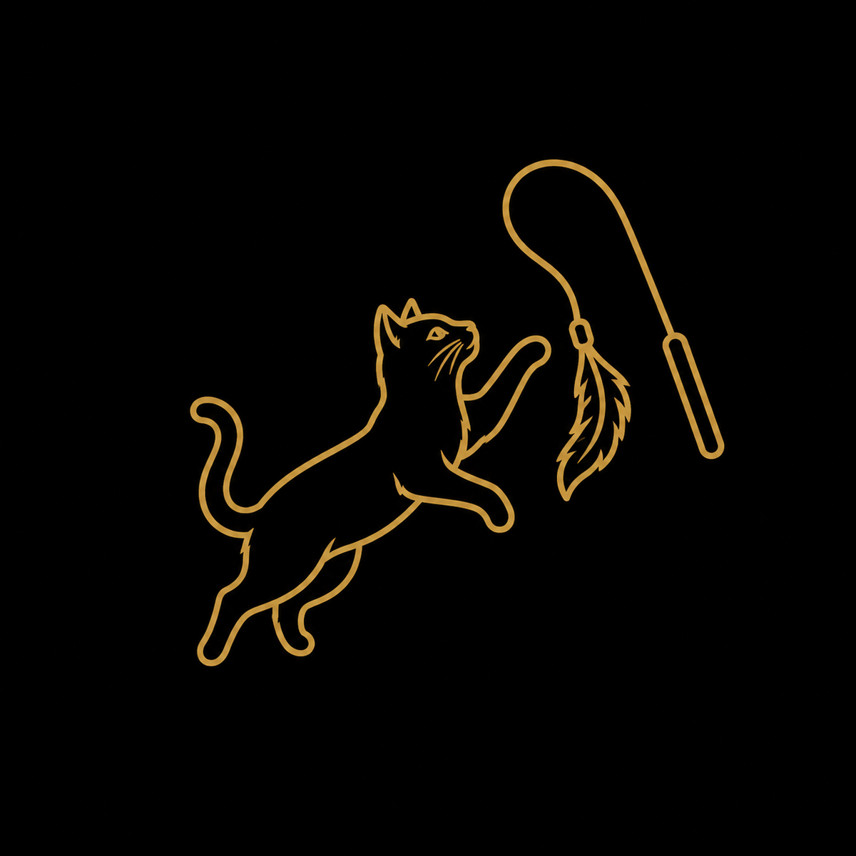 A minimalist gold line art illustration of a cat leaping to catch a feather wand, set against a solid black background.