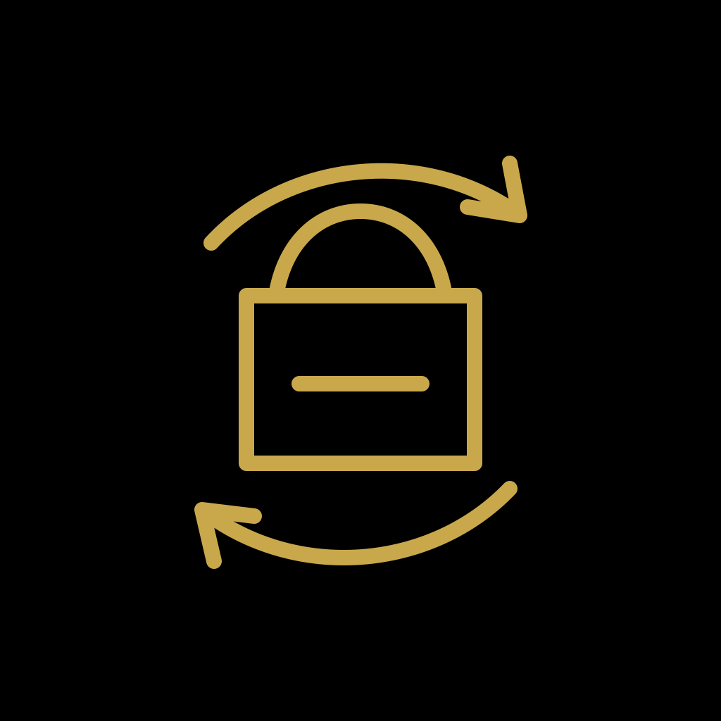 A gold digital icon depicting a shopping bag with a lock, enclosed by two curved arrows rotating in opposite directions, set against a solid black background.