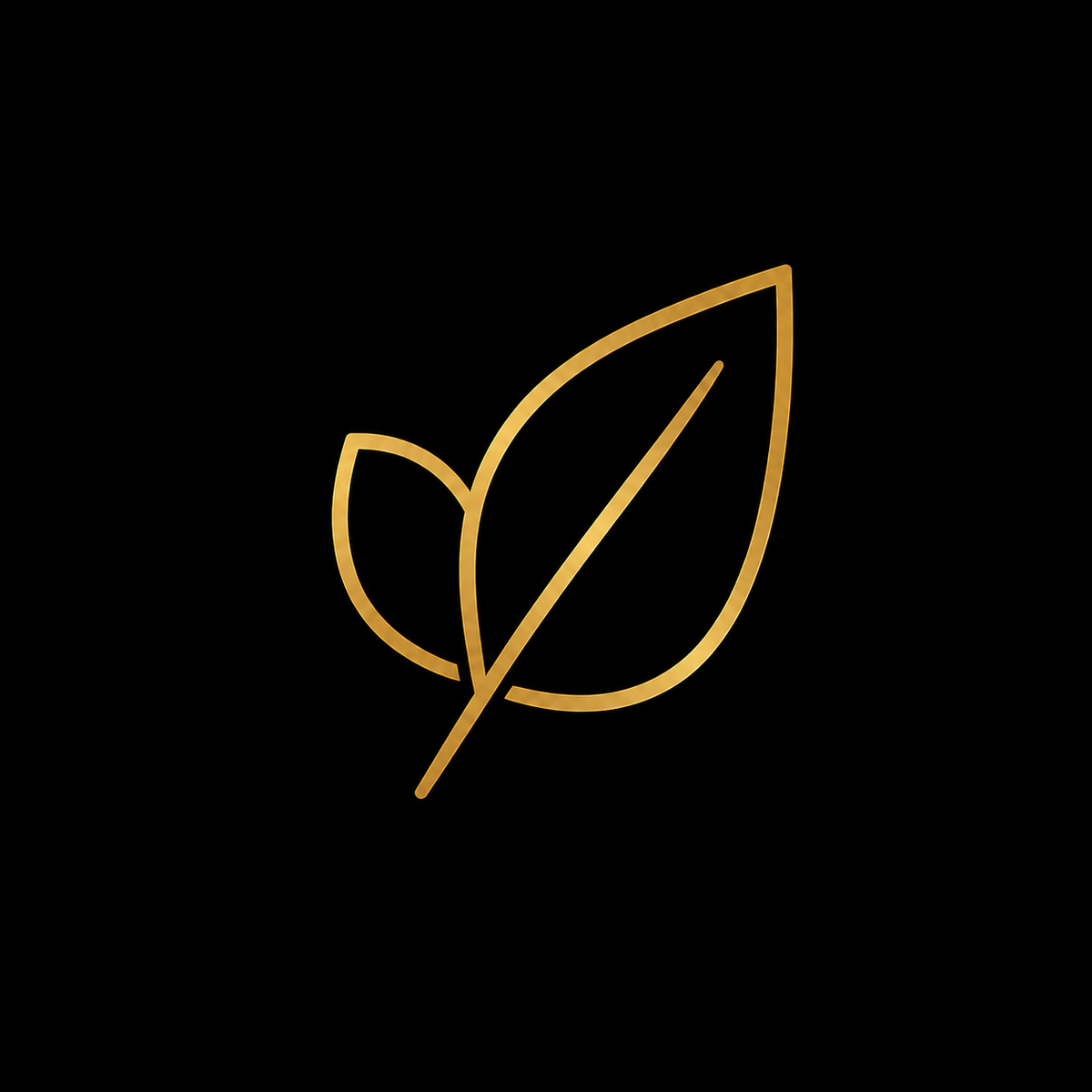 A minimalist gold outline icon of two overlapping leaves centered on a solid black background.