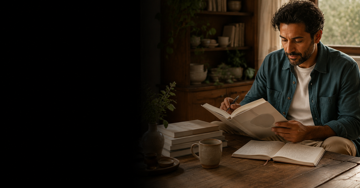 A man in a blue button-up shirt over a white t-shirt sits at a wooden table, reading a book in a warmly lit home environment with other books and a mug nearby.