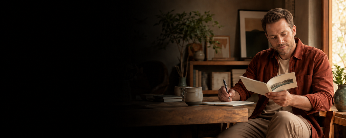 A man in a rust-red flannel shirt sits at a wooden table in a warmly lit room, writing in a notebook and holding an open book. The background features a bookshelf, framed art, and potted plants.