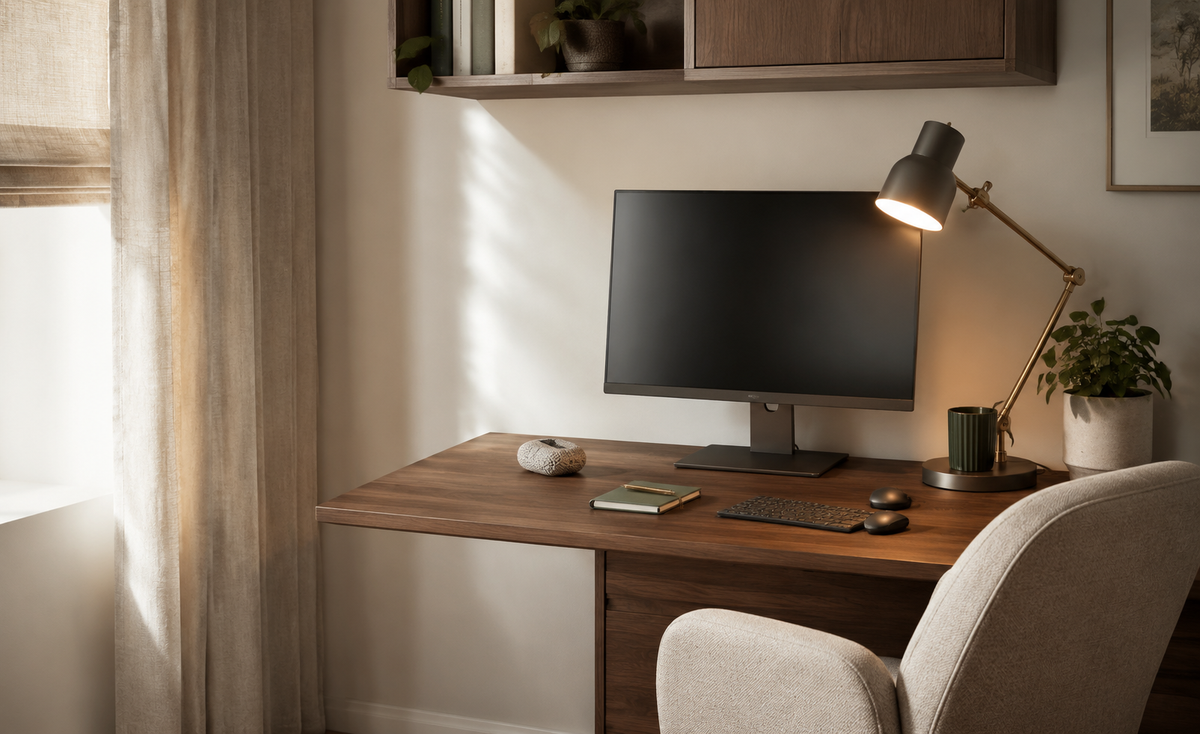 A modern home office setup featuring a dark wood desk with a black computer monitor, a warm brass desk lamp, a beige armchair, and a small potted plant, set against a neutral beige wall with soft window light.