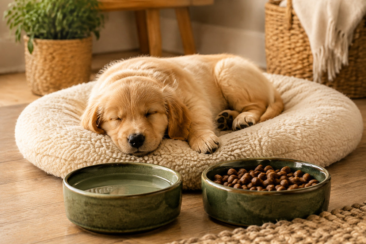 Golden puppy sleeping peacefully beside ceramic food and water bowls in a warm home.”