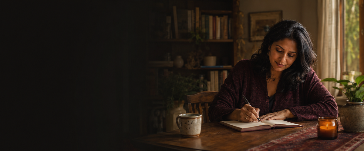 A woman with dark hair sits at a wooden table in a cozy, dimly lit room, writing in an open notebook. She is wearing a dark plum-colored top.