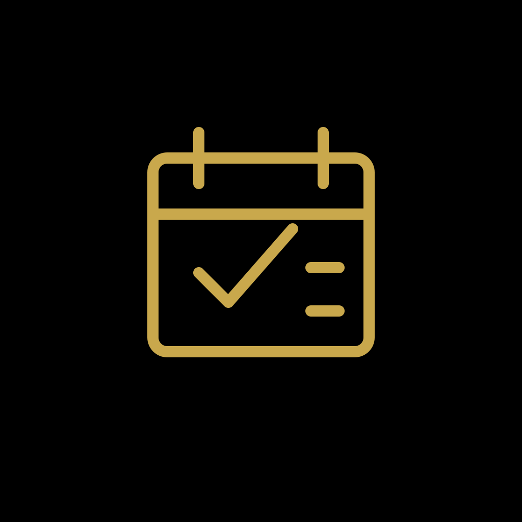 A minimalist gold icon of a calendar page with a checkmark, centered on a solid black background.