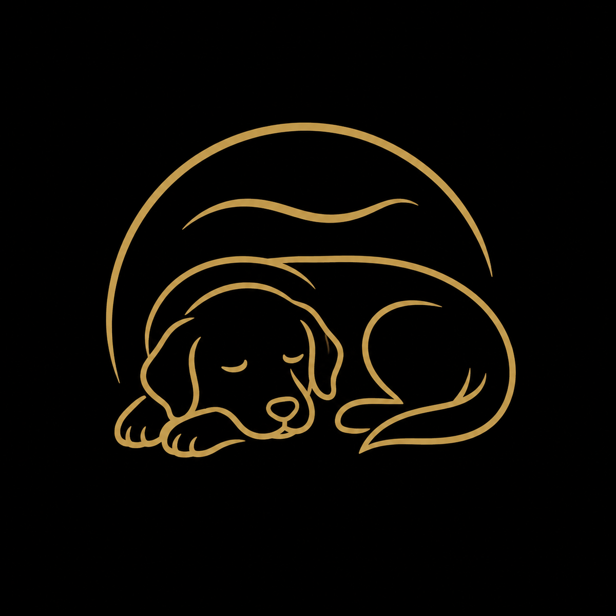 A minimalist gold line art illustration of a sleeping puppy curled up inside a crescent moon, centered on a solid black background.