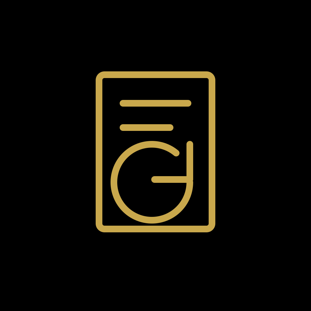 A minimalist gold line-art icon of a document or card with a stylized letter 'G' on a solid black background.