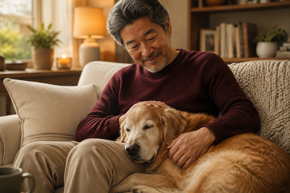 A smiling older man in a burgundy sweater and beige pants sits on a couch with a golden retriever dog resting on his lap in a warmly lit living room.
