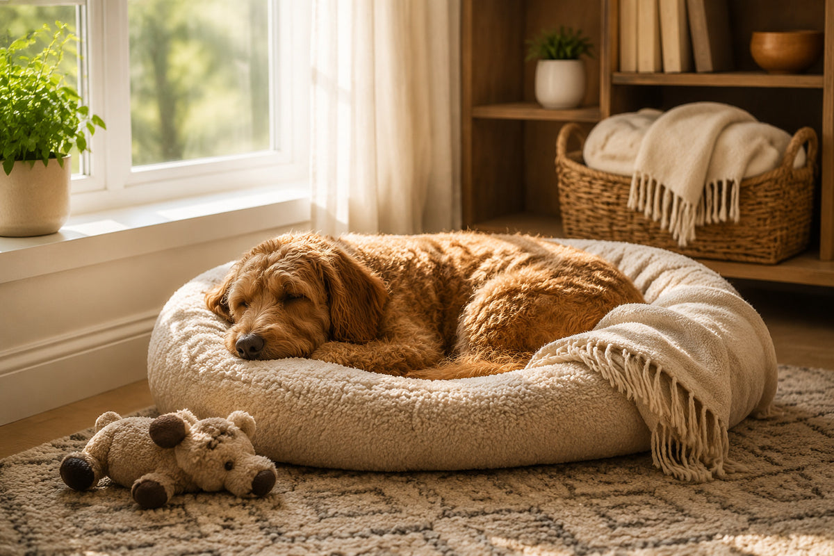 A golden retriever dog rests asleep in a round cream-colored plush dog bed with a fringed throw blanket, placed on a patterned rug in a cozy sunlit room next to a small stuffed toy.