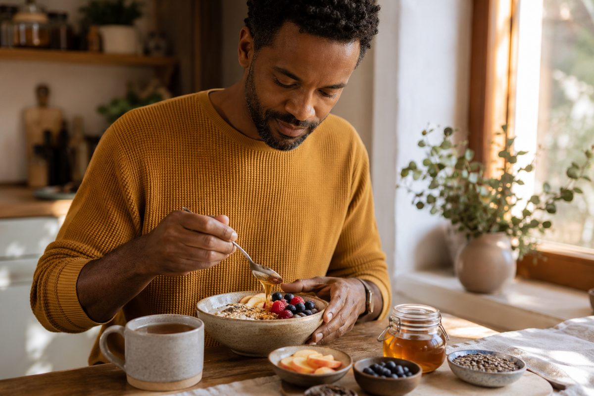 A man in a mustard yellow sweater eating from a bowl of oatmeal with berries and honey in a bright kitchen setting.