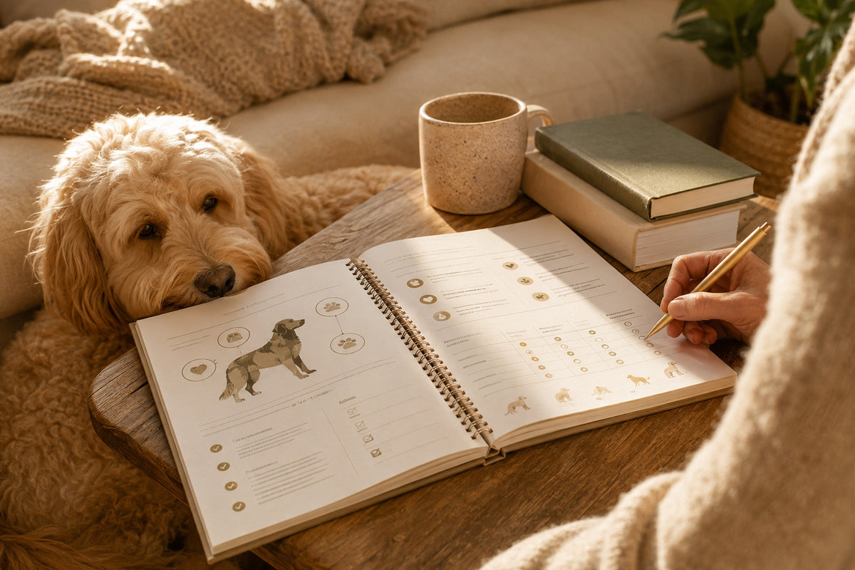 A cozy indoor scene with a fluffy cream-colored dog resting on a couch beside an open spiral notebook on a wooden table. A human hand is writing in the notebook with a pencil, with a mug, stacked books, and a potted plant nearby.
