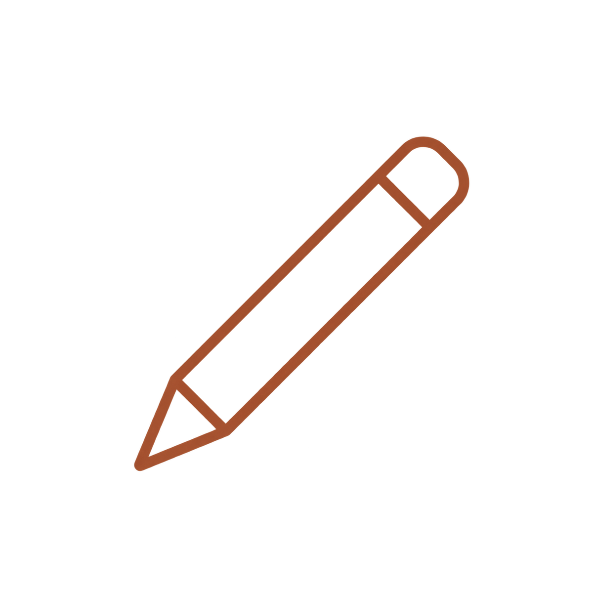 A minimalist brown line icon of a pencil on a solid white background.