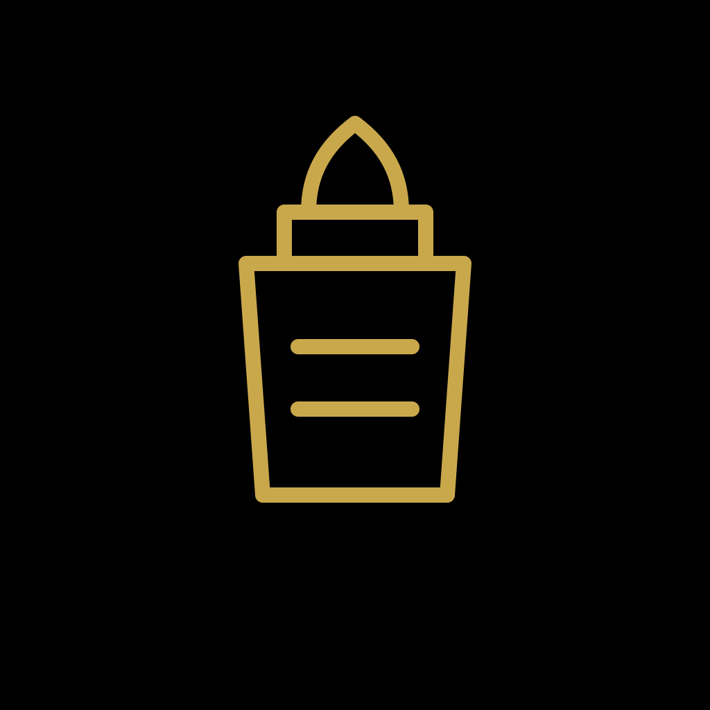 A minimalist gold outline icon of a cosmetic jar, resembling a lipstick or cream tube, centered on a solid black background.