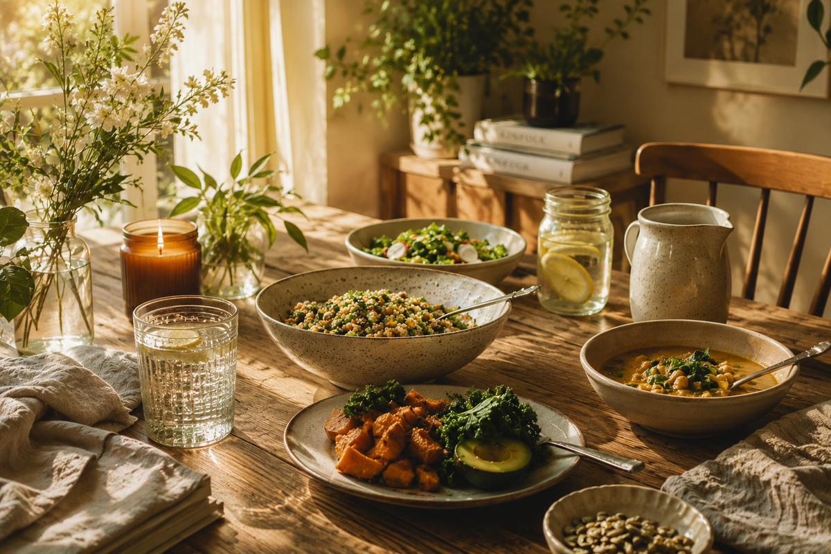 A warm, rustic dining table set with bowls of food, plates, a glass pitcher, a candle, and plants in a sunlit home interior.