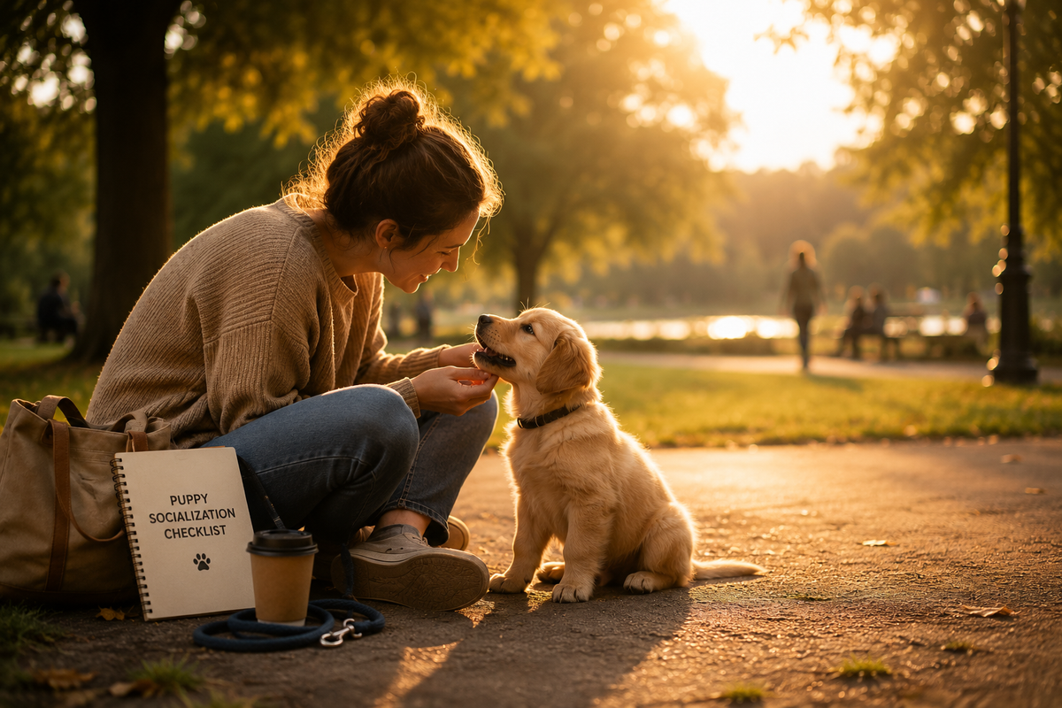 A woman crouches on a park path at sunset, smiling at a golden retriever puppy. A tote bag, coffee cup, and a notebook that reads 'Puppy Socialization Checklist' are beside her.