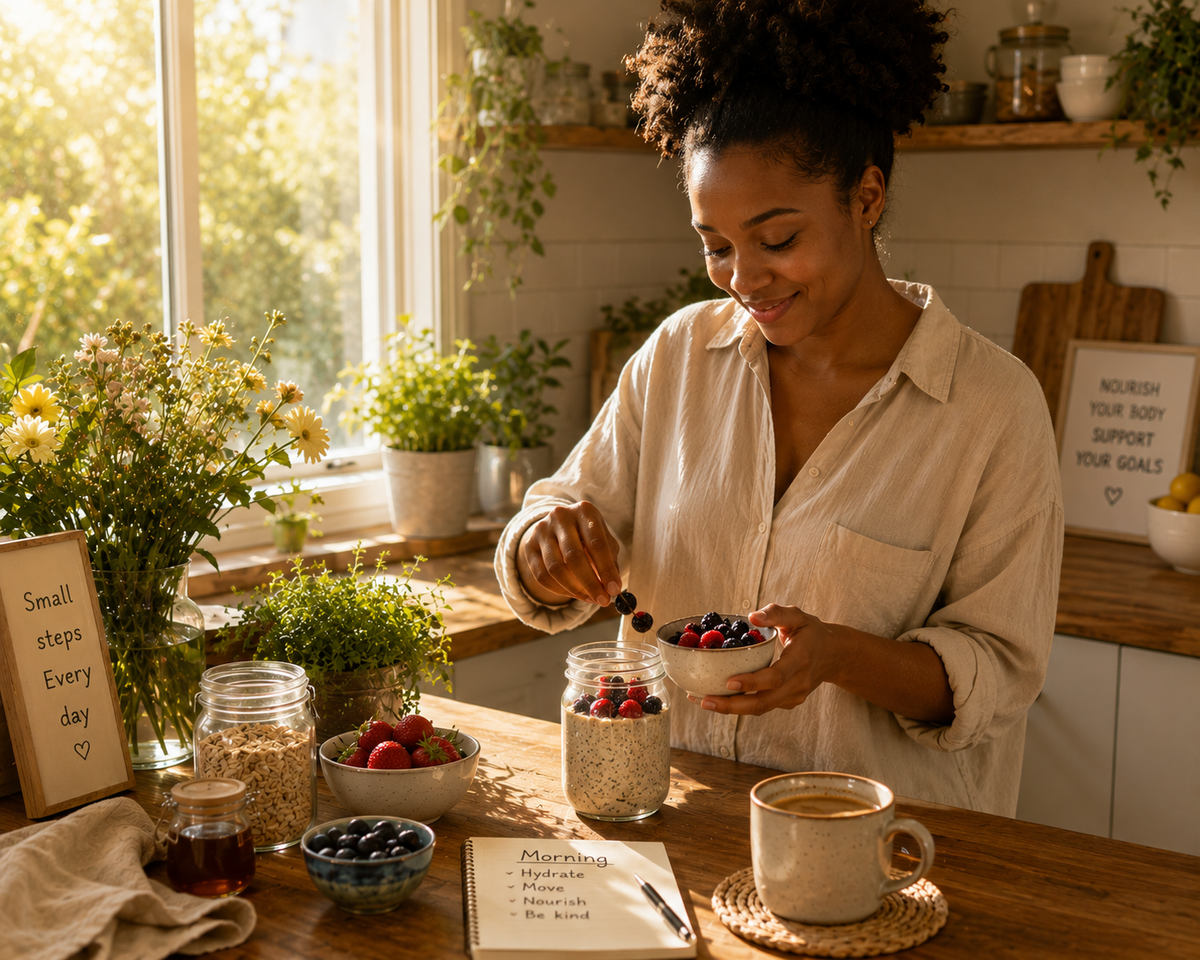 A woman in a cream-colored linen shirt stands in a bright, sunlit kitchen, adding fresh blueberries to a glass jar of overnight oats. The scene is decorated with potted plants, a coffee cup on a coaster, and motivational signs on the counter.
