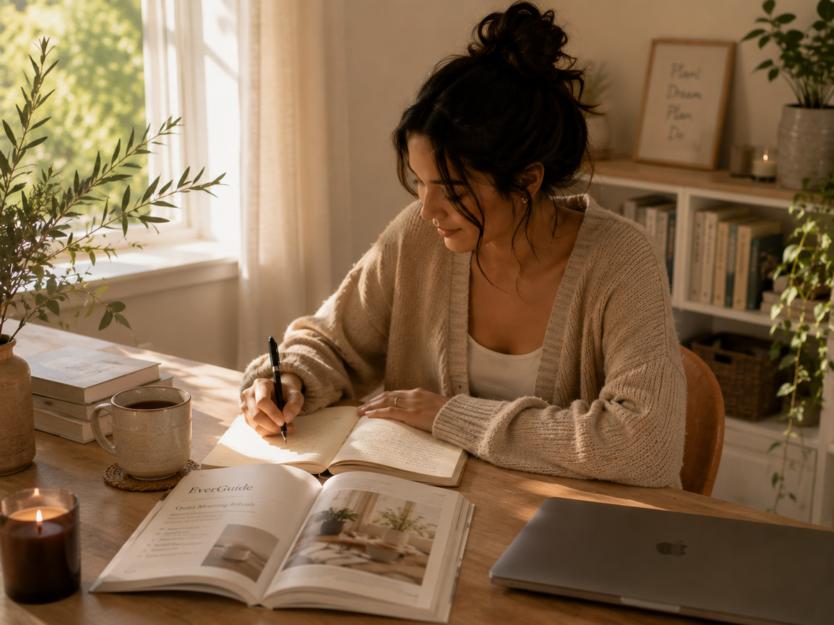 A woman sits at a wooden desk in a warm, sunlit room, writing in an open notebook. An open book, a mug, a candle, and a closed laptop are on the desk.