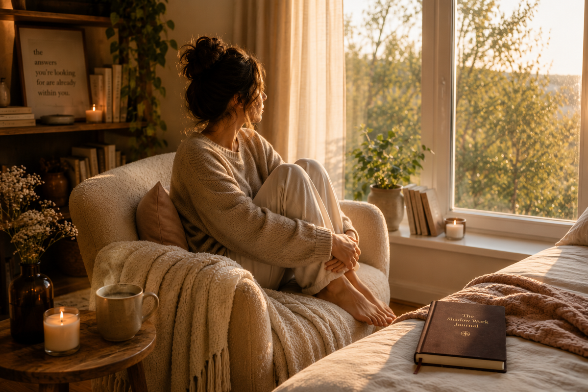 A woman sits curled up in a cream armchair beside a window in a warm, sunlit room. A book lies on the bed in the foreground, with candles, plants, and shelves visible in the softly lit interior.