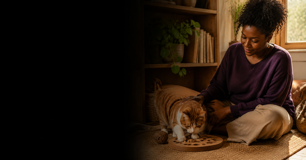 A woman sits on a woven rug in a warmly lit room, interacting with an orange tabby cat that is eating from a round wooden puzzle toy. A dark, shadow-filled area occupies the left side of the frame, and bookshelves with plants are visible in the background.