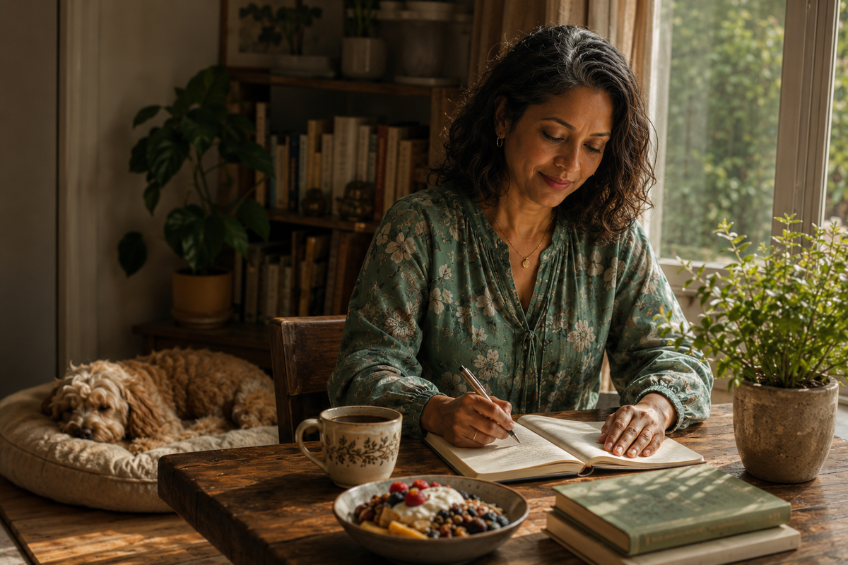 A woman with dark curly hair sits at a wooden table writing in an open notebook, with a ceramic mug, a bowl of fruit, and a stack of books in front of her. A small fluffy dog rests in a cushioned pet bed on the left, and potted plants and a window are in the background.