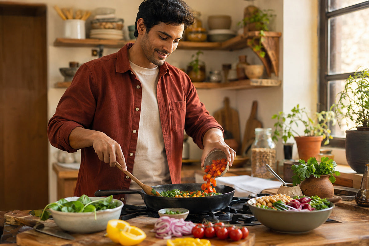 A man in a rustic kitchen wearing a rust-red button-up shirt over a white t-shirt, cooking vegetables in a black pan on a stove. Fresh ingredients like tomatoes, onions, and herbs are arranged on the wooden counter in front of him.